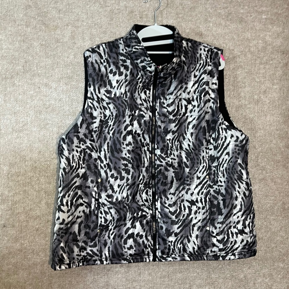 Karen Scott Reversible Puffer Vest Womens XL Black Animal Print Quilted